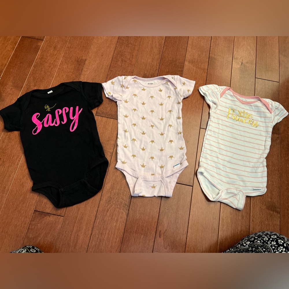 12 month Princess Crown Sassy Black, Pink & White Baby Girl Onesies (2 Gerber)